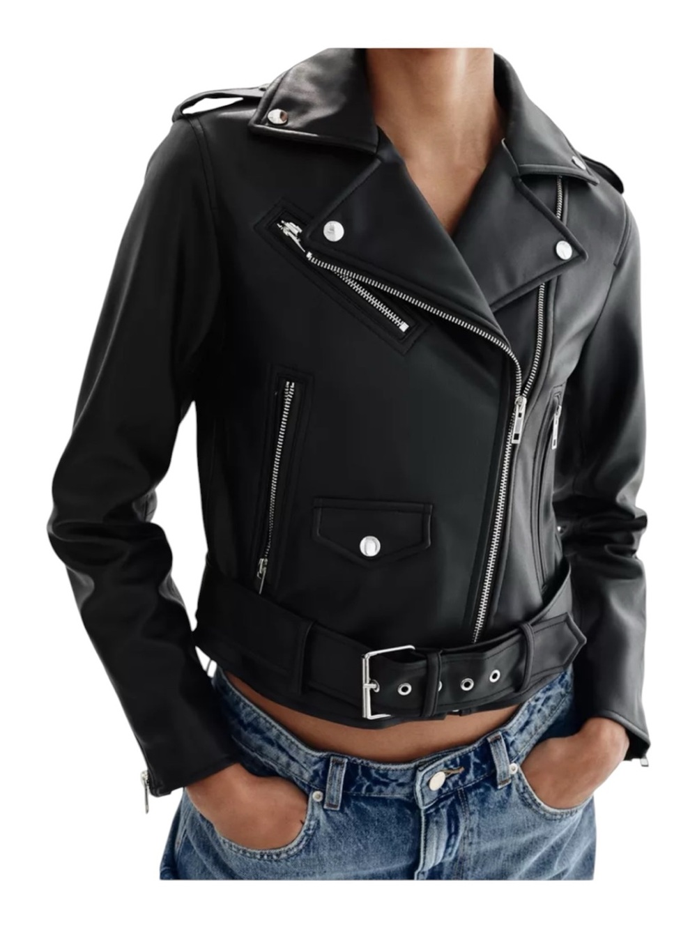 Zara Blaxk Faux Vegan Leather Moto Belted Cropped Jacket Size Medium